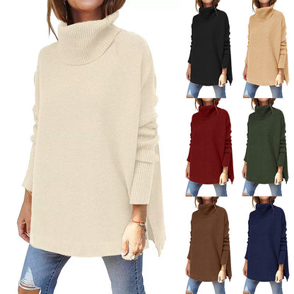 Turtleneck Sweater Mid Length Batwing Sleeve Slit Hem Tunic Pullover Sweaters