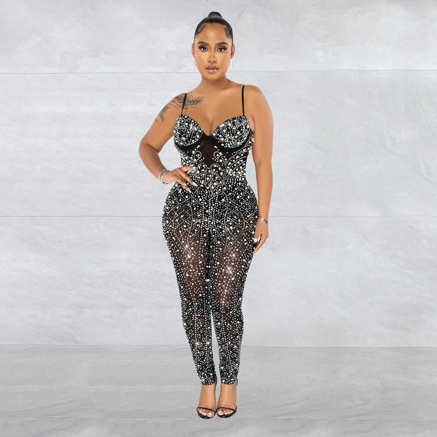 Pure Color Mesh Rhinestone Sleeveless Trousers Jumpsuit