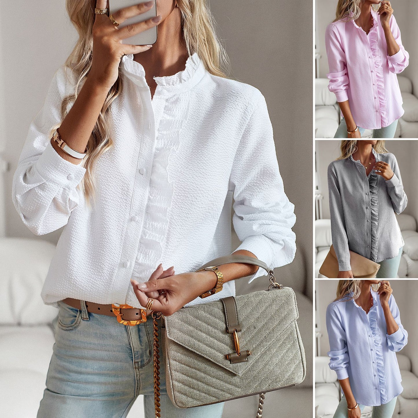 Striped Long Sleeve Shirt Fashion Ruffle Design Button Up Tops