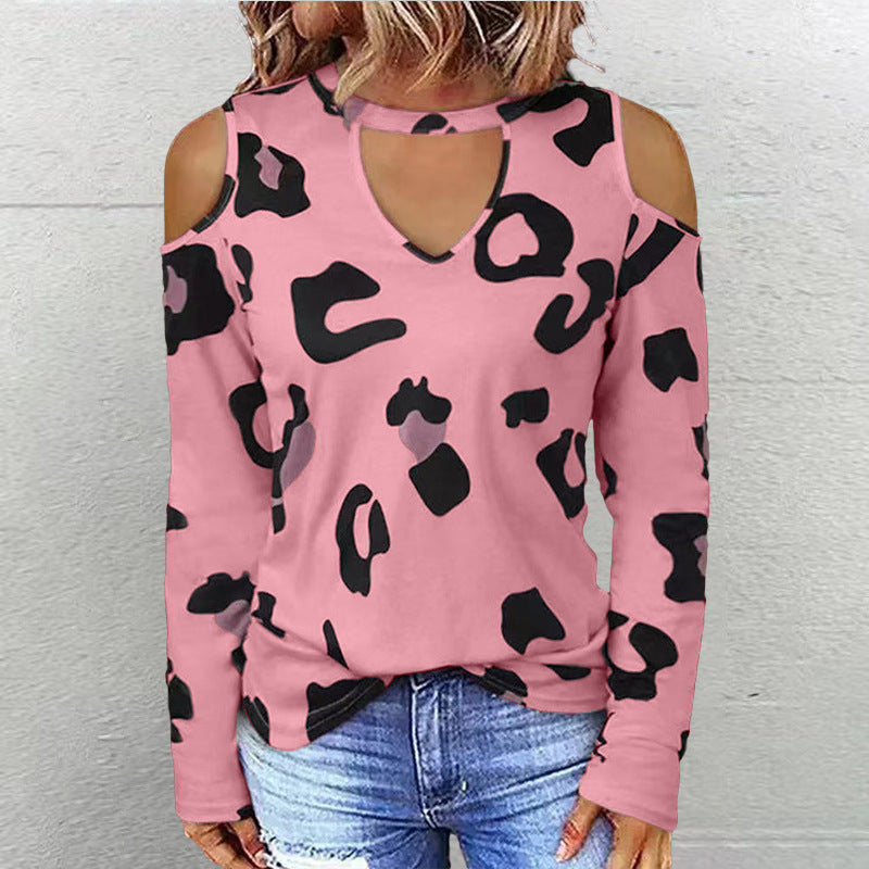 Women's Fashion Casual Printing Off-shoulder Loose Long-sleeved T-shirt