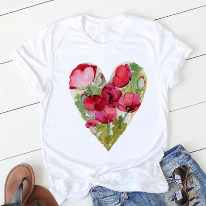 Fashion Flower Love Print Short Sleeve