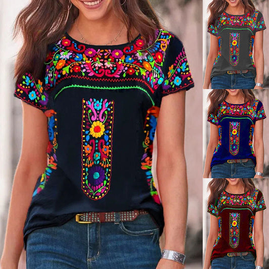 Women's Bohemian Print Round Neck Short Sleeve T-shirt