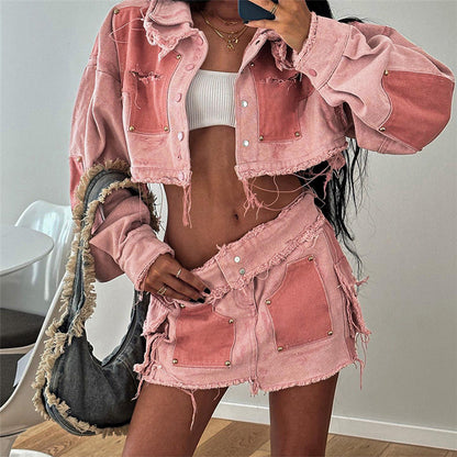 Women's Fashion Leisure Cargo Contrast Color Lapels Slim Denim Jacket