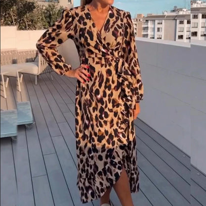 V-neck Leopard Print Long Sleeve Dress