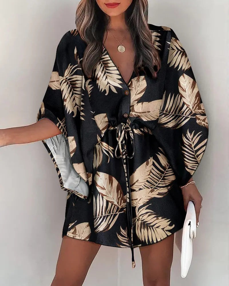 Women's V-Neck Tie Printed Beach Dress