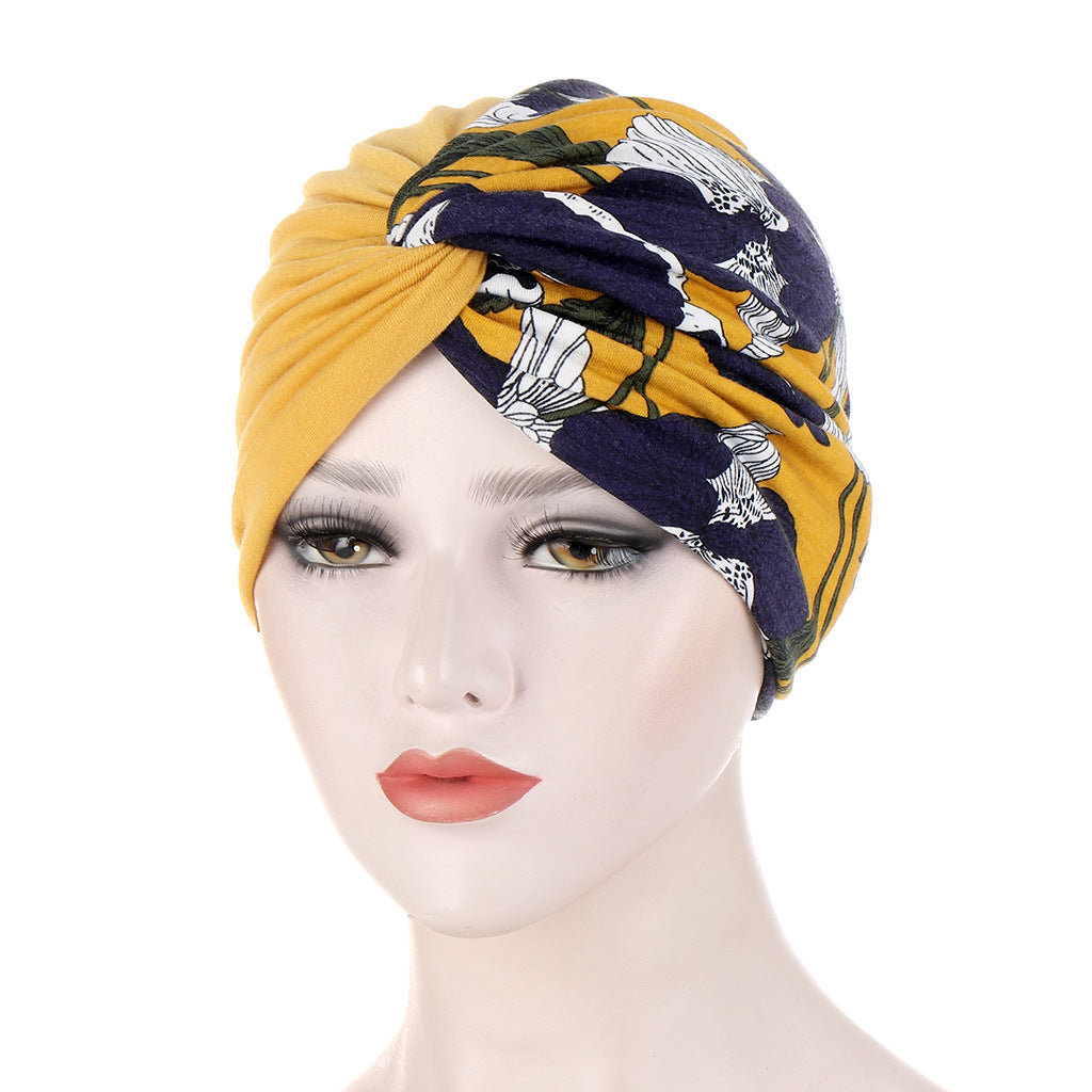 Double-layer Two-color Floral Cloth Splicing Twist Turban Hat