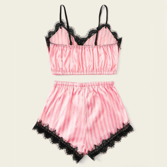 Satin Striped Lace Bra Set