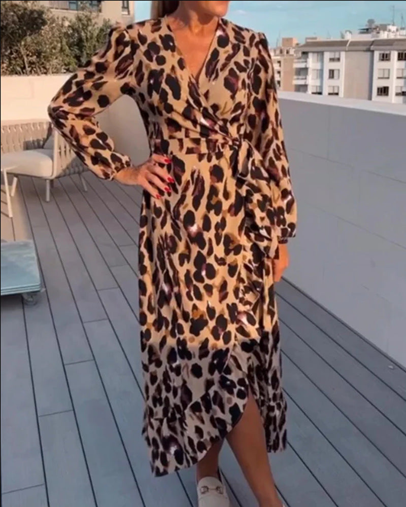 V-neck Leopard Print Long Sleeve Dress