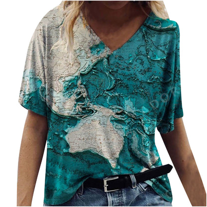 New Female Map Print V-Neck Short-Sleeved T-Shirt