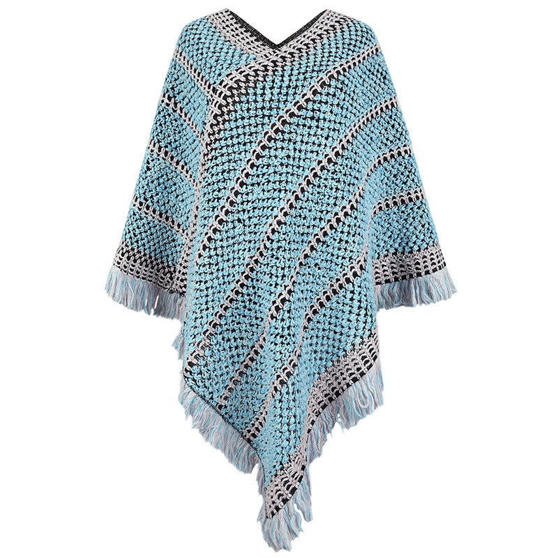 Contrast Color Striped Ethnic Style Tassel Pullover Cloak Shawl