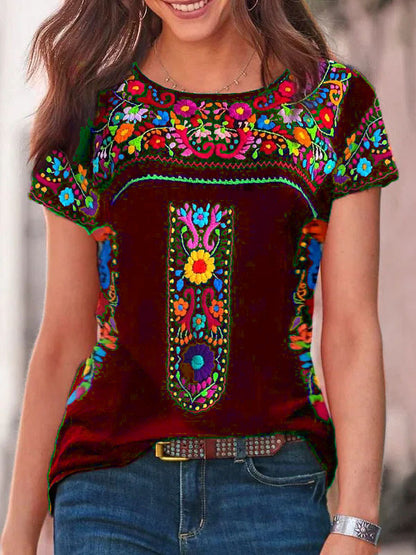 Women's Bohemian Print Round Neck Short Sleeve T-shirt