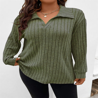 Solid Color Women's V-shaped Lapel Long Sleeve Sunken Stripe Shirt