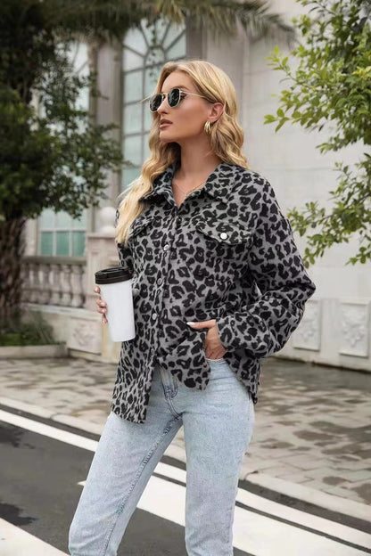 Women's Fashion Long Sleeve Lapel Leopard Print Shirt Coat