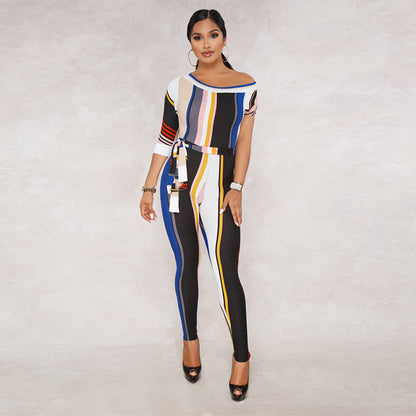 Striped sexy mid-sleeve jumpsuit