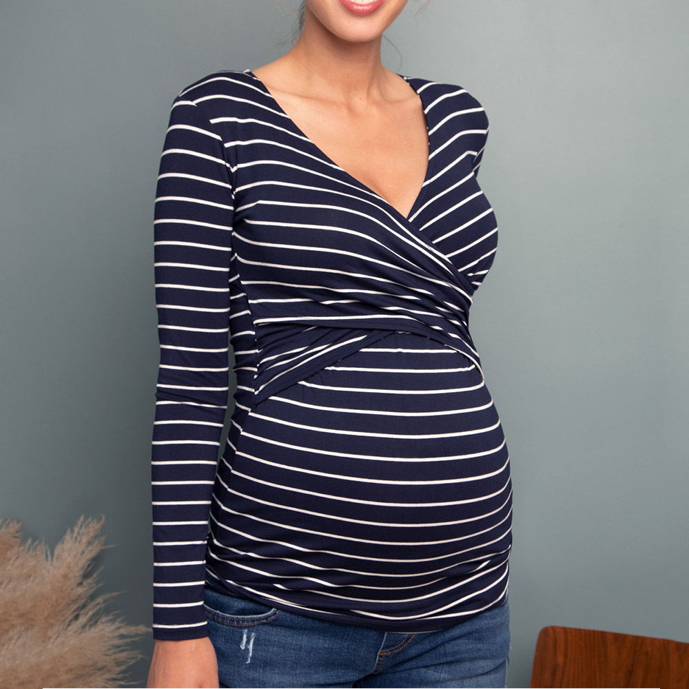 Deep V-neck print long sleeves Maternity Shirt