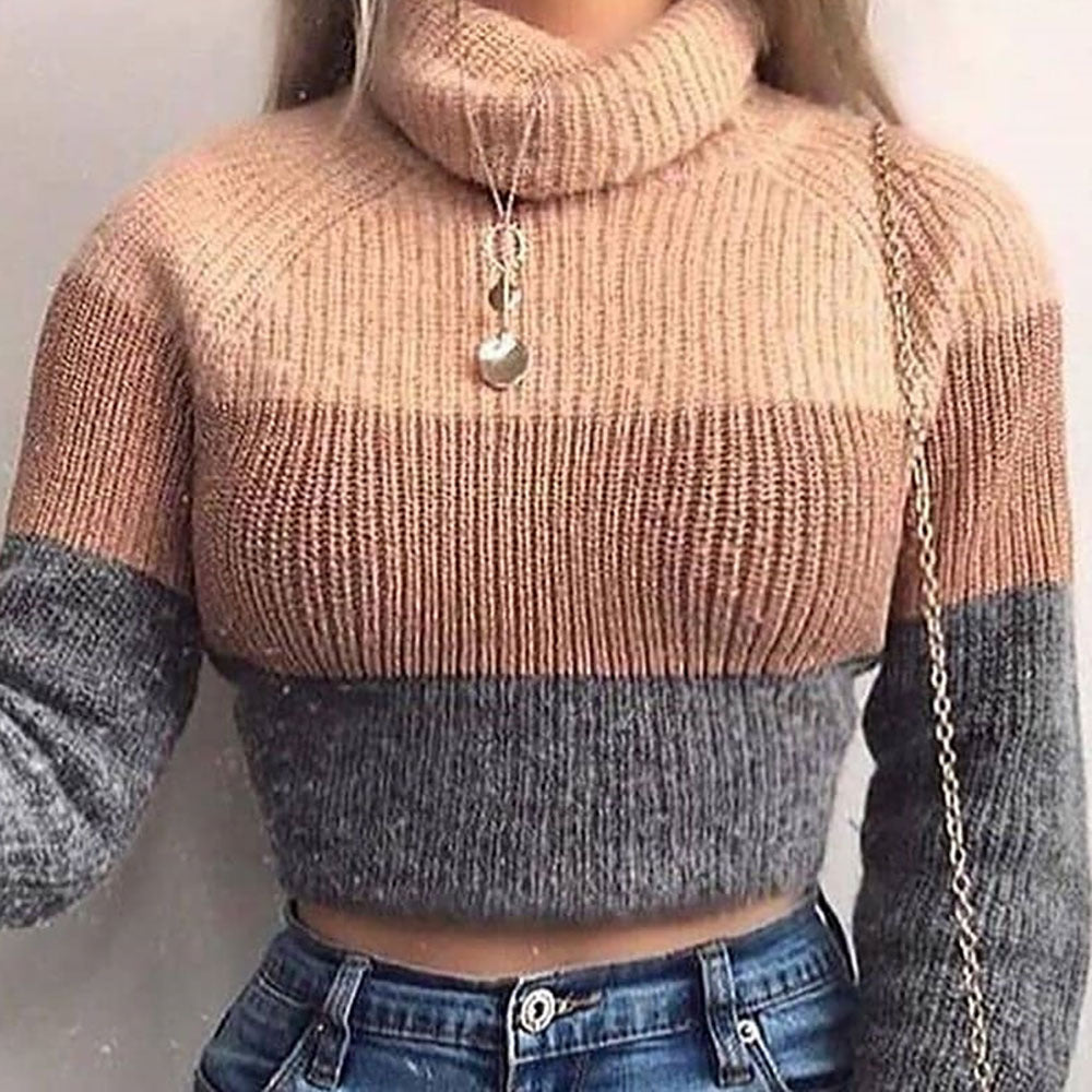 Tri-color knitted turtleneck T-shirt sweater