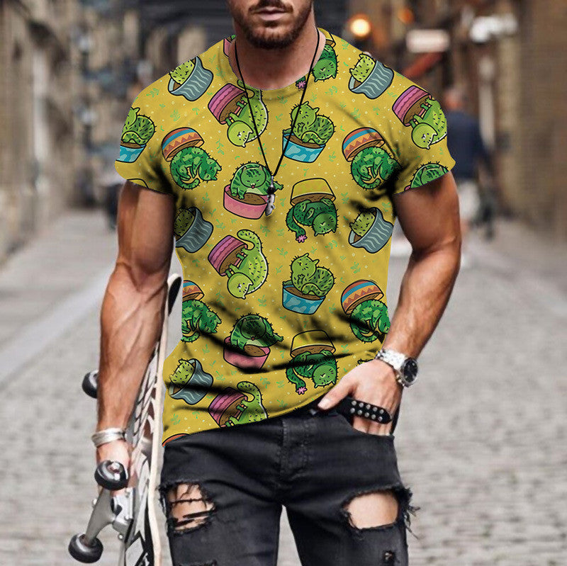 Round Neck 3D Plant Print Short-sleeved T-shirt