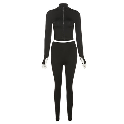 Women's Clothing Collar Long-sleeve Zipper Top High Waist Slim Fit Skinny Trousers Suit