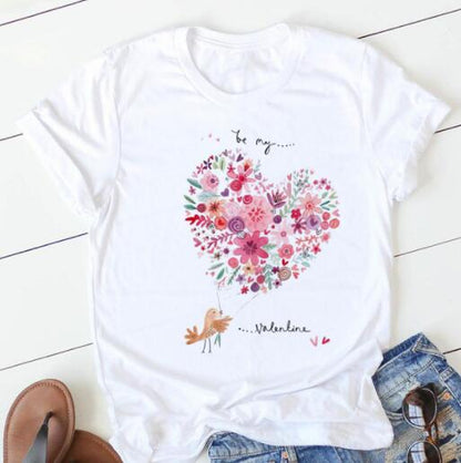 Fashion Flower Love Print Short Sleeve