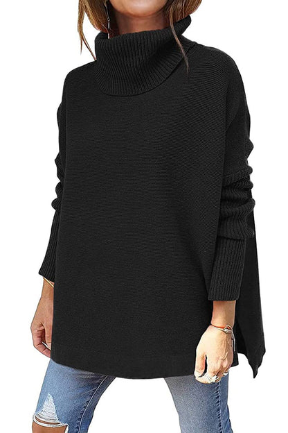 Turtleneck Sweater Mid Length Batwing Sleeve Slit Hem Tunic Pullover Sweaters