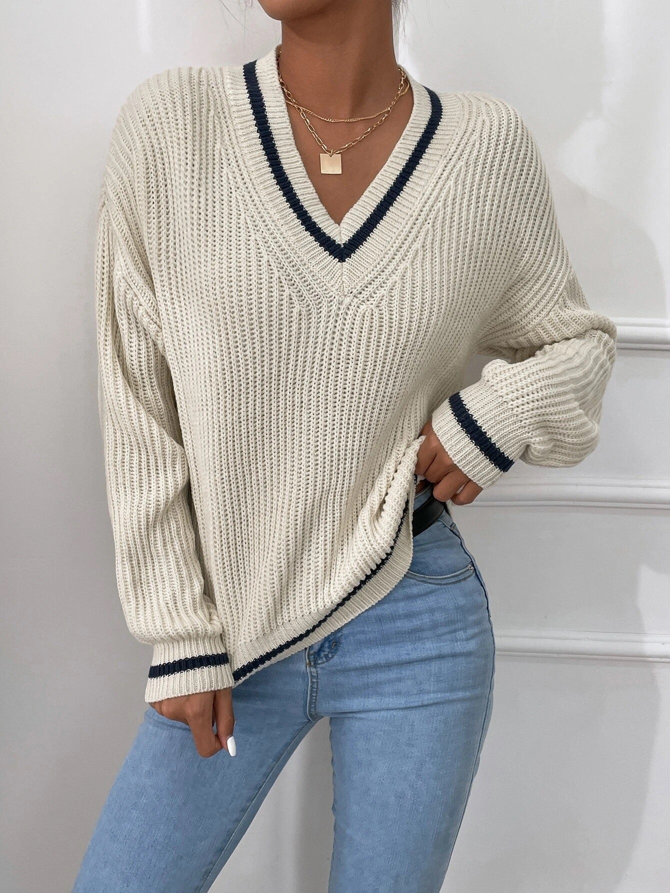 Winter Women's Clothes Cable Knit V Neck Sweaters