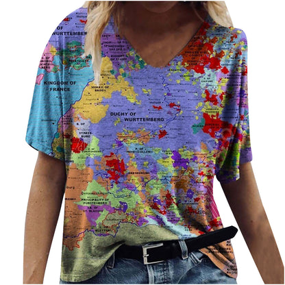 New Female Map Print V-Neck Short-Sleeved T-Shirt