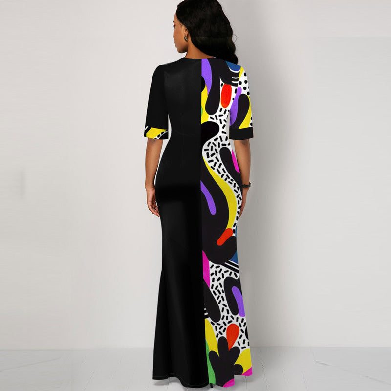 New Short Sleeve Printed Pocket Slit Maxi Dress