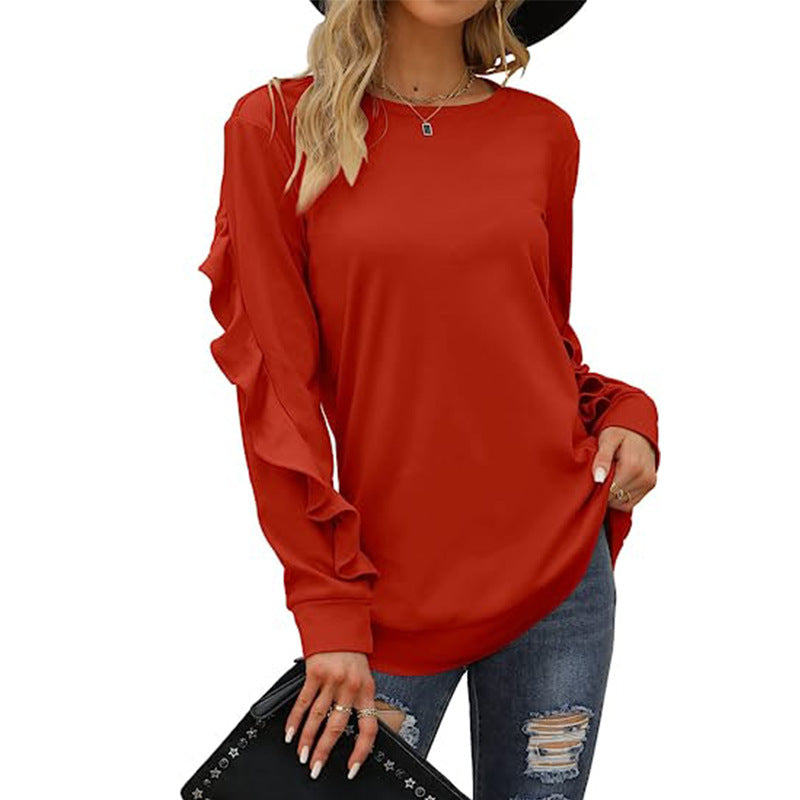 Women's Clothing Casual Round Neck Sweater Pleated Long Sleeve Top