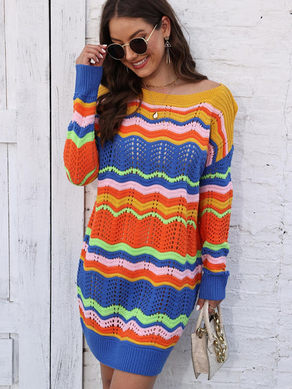 Women's Patchwork Stripes Pullover Woolen Dress