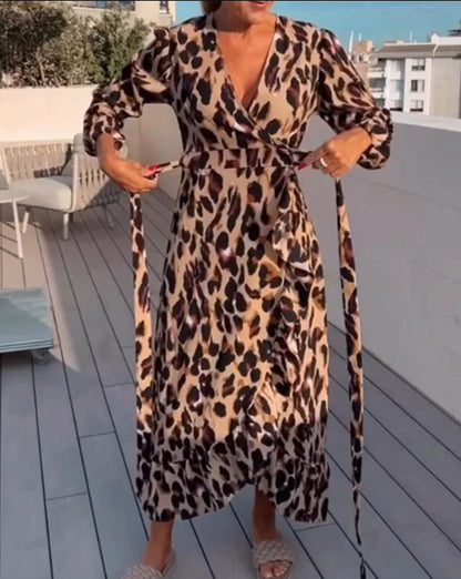 V-neck Leopard Print Long Sleeve Dress