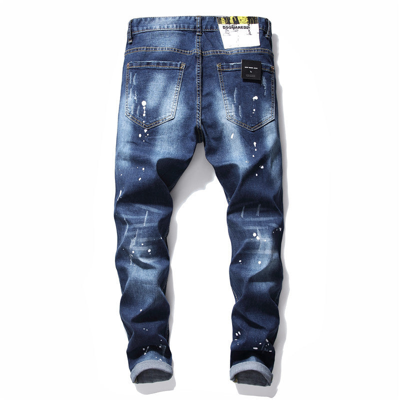 Men slim denim trousers zipper blue hole Pencil Pants