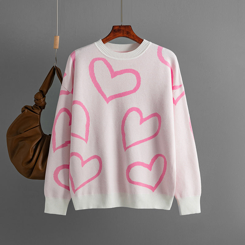 Women's Fashion Round Neck Heart Color Clash Sweater