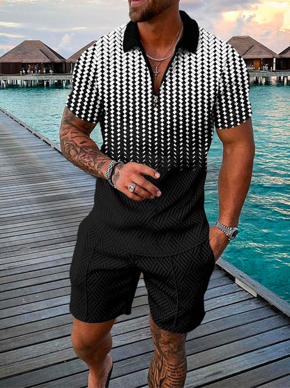 Men's Summer Fashion 3D Printed Short Sleeve Geometric Zip Lapel Shirt Set