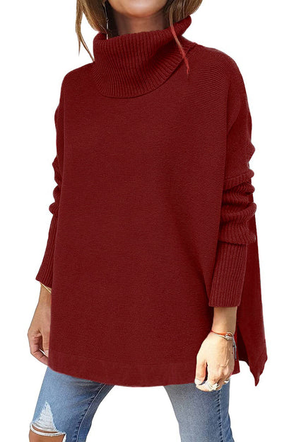 Turtleneck Sweater Mid Length Batwing Sleeve Slit Hem Tunic Pullover Sweaters