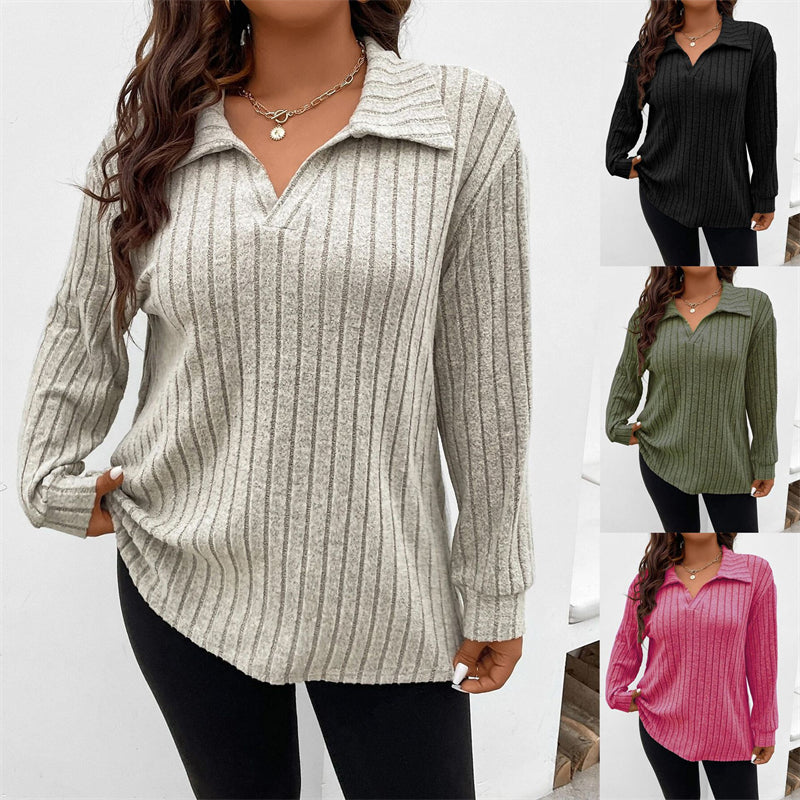 Solid Color Women's V-shaped Lapel Long Sleeve Sunken Stripe Shirt