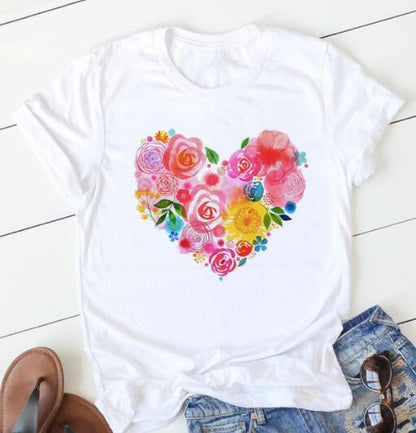 Fashion Flower Love Print Short Sleeve