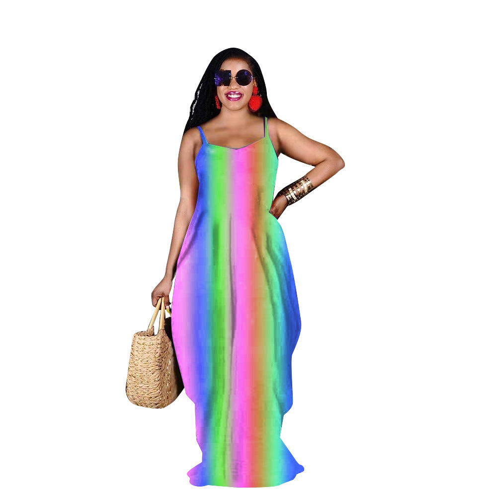 Rainbow Print Loose Slip Dress Maxi Dress