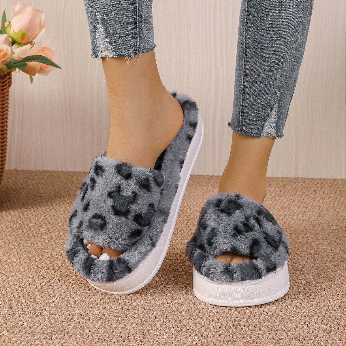 Fashion Winter Slipper Leopard Print Thick-soled Warm Fur Slippers