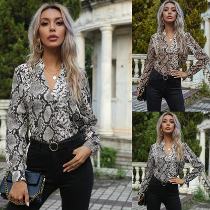 Leopard Print Shirts Long Sleeve Lapel Pattern Shirts Women's