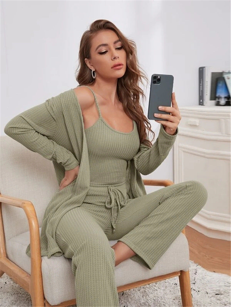 Waffle Knitted Suspenders Top And Trousers Robe Pajamas Three-piece Suit