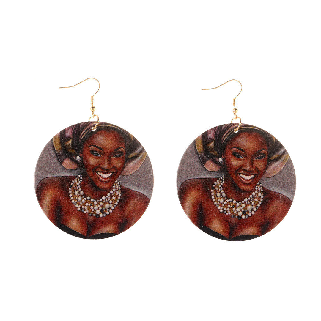 Wood Printed African Head Pattern Earrings