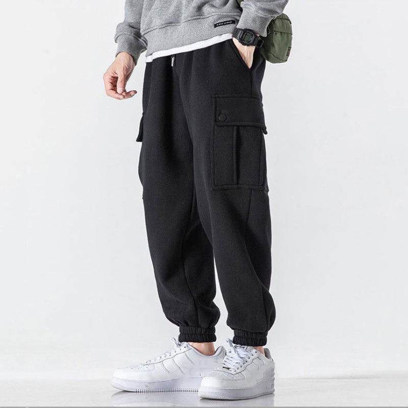 Fall Winter Men Drawstring Fleece Warm Pants