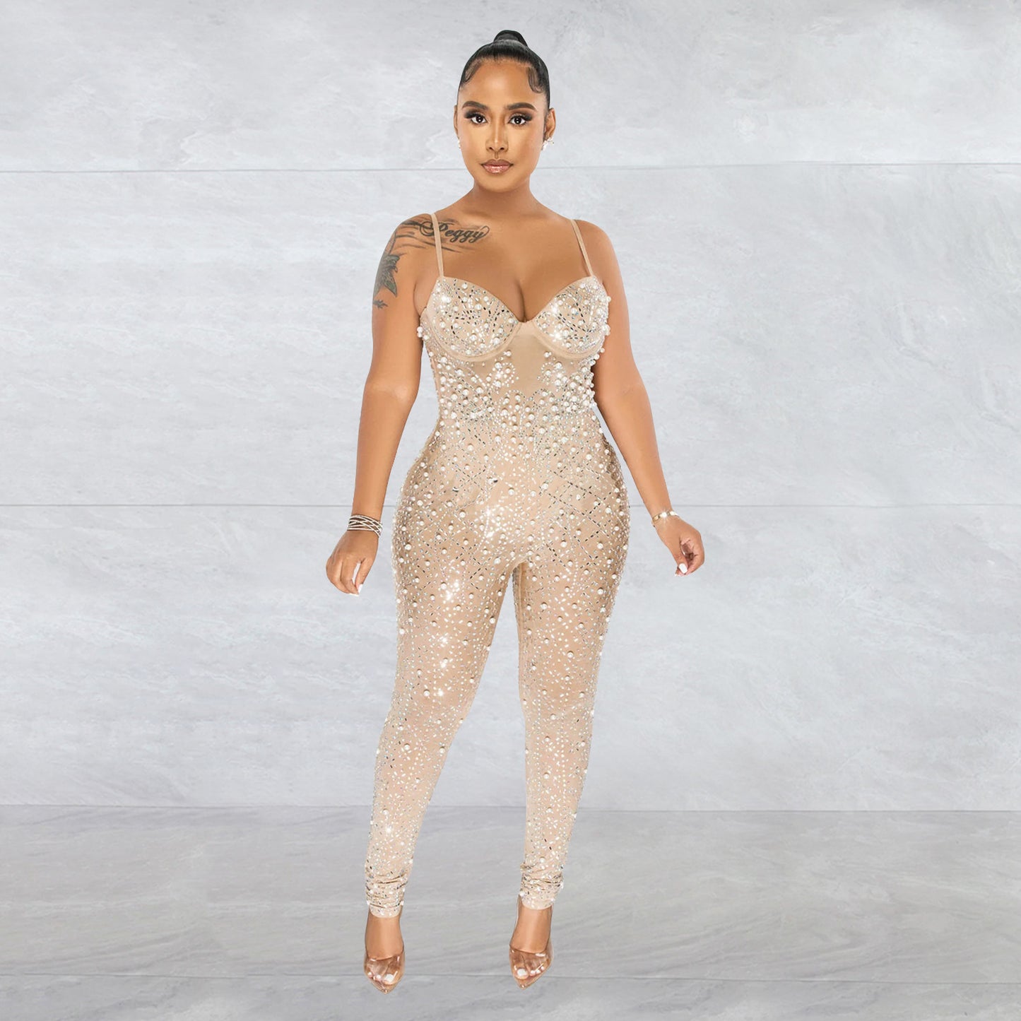 Pure Color Mesh Rhinestone Sleeveless Trousers Jumpsuit