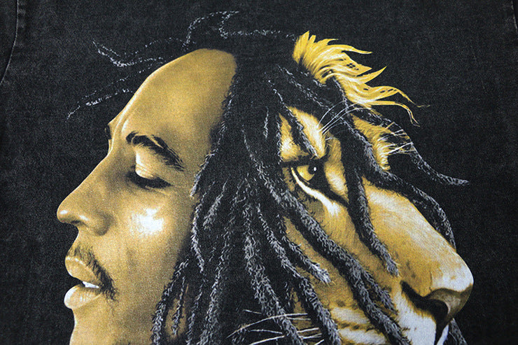 Dreadlocks Lion Printing Washed Distressed T-shirt