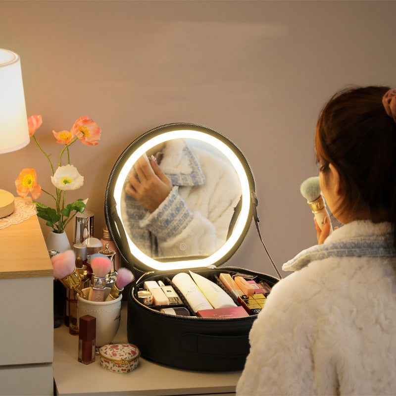 Large Capacity Round Smart LED Makeup Bag With Lighted Mirror PU Leather Travel Organizers Cosmetic Case