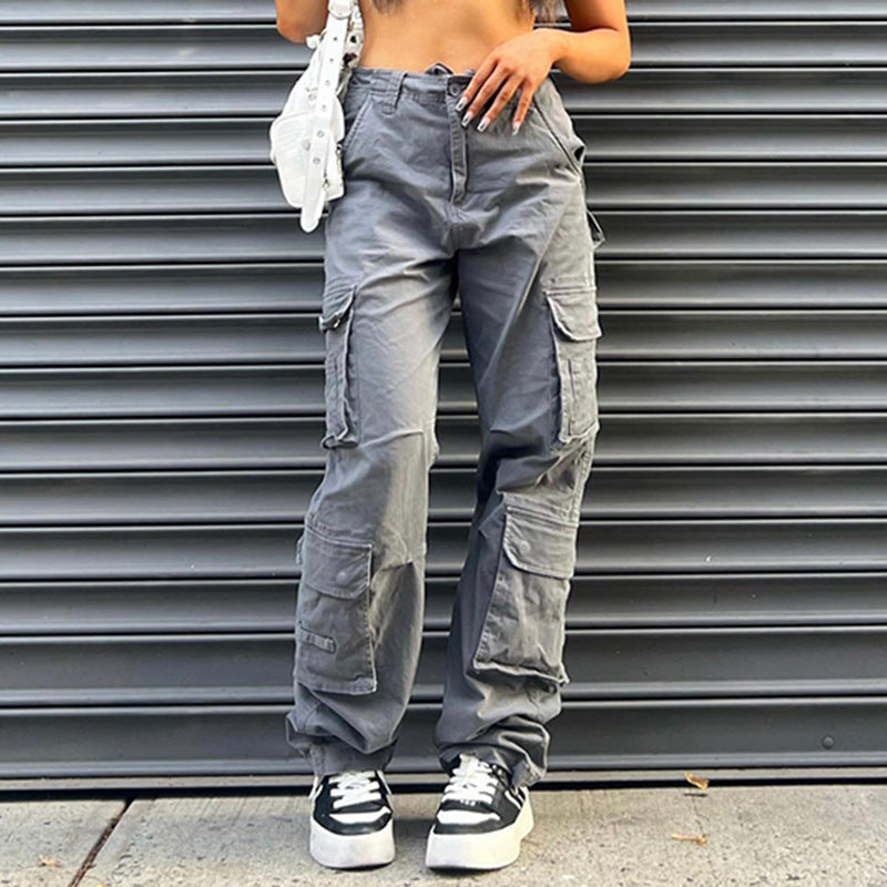 Multi-pocket Gray Straight Loose Jeans Look Slim For Women