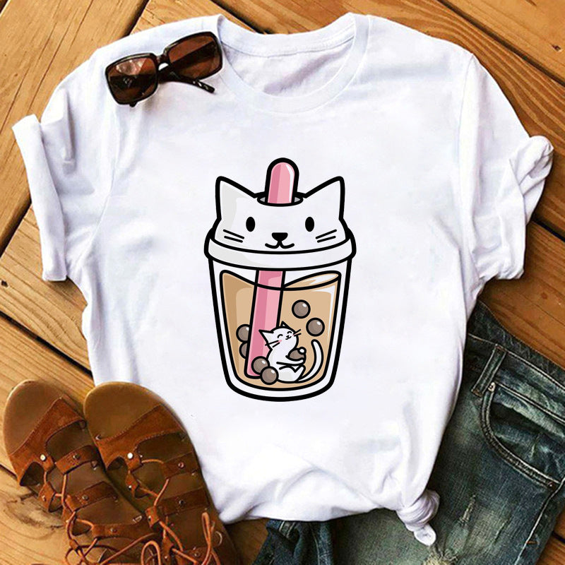 Cute Milk/Tea Print Short Sleeve Women