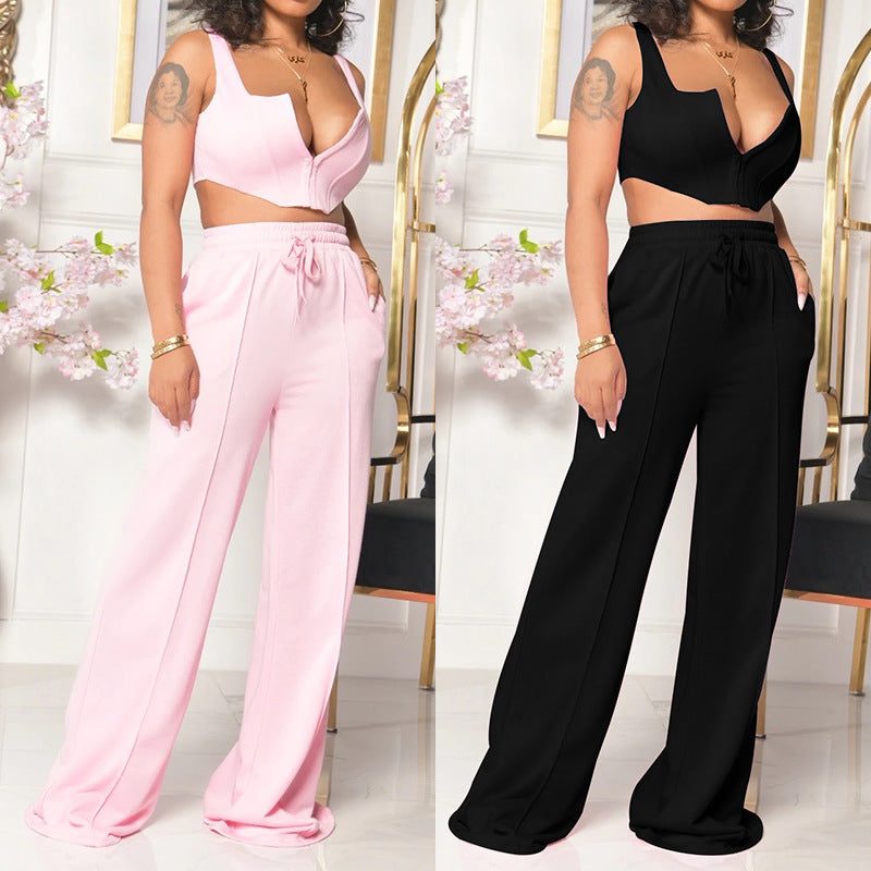 Women's Clothing Solid Color Wide Leg Pants Two-piece Set