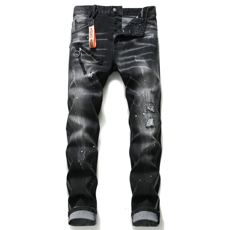 Men slim denim trousers zipper blue hole Pencil Pants