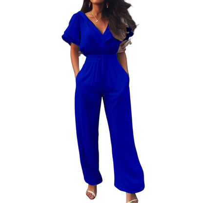 Women's Fashionable Short-sleeved V-neck Jumpsuit